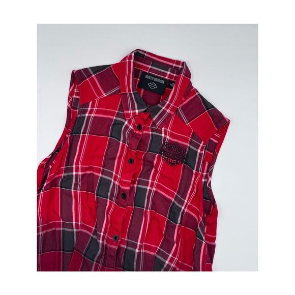 Harley Davidson Womens Red Plaid Sleeveless Button Up Shirt Size XS - Picture 2 of 5
